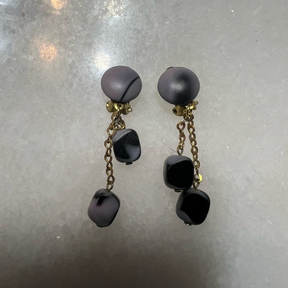 Boho Vintage Austria Signed Purple Marbled Polished Stone Dangle Earrings - Picture 4 of 6